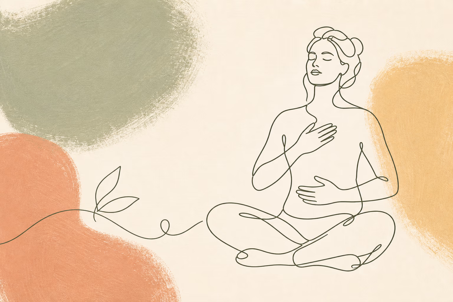 Une femme assise, une main posée sur le cœur, dans un moment de respiration apaisée